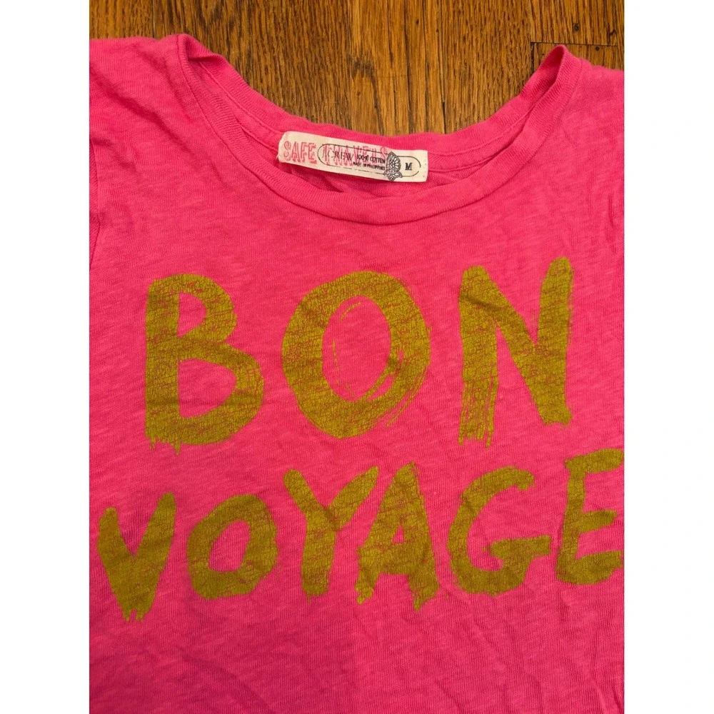 J. Crew Safe Travels Bon Voyage Graphic Tee Pink Gold Cotton Slub Size M